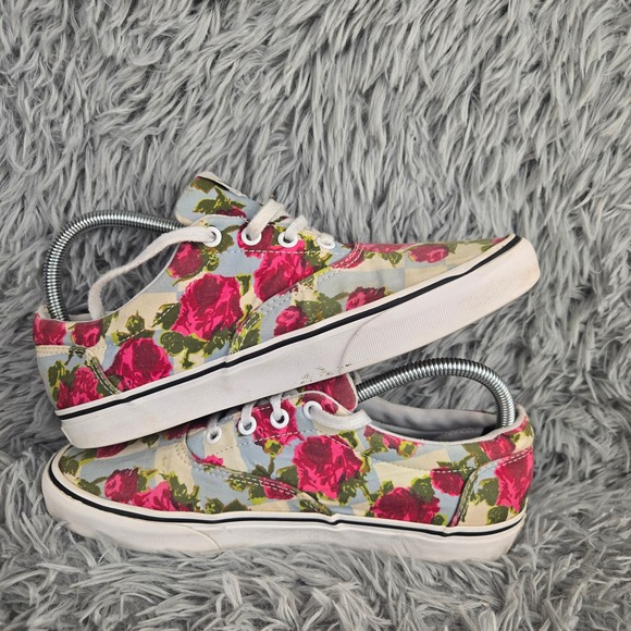 Vans Floral Rose Checkerboard Sneakers Women 9 Pink Blue Low Top Skate Shoes - Picture 7 of 9